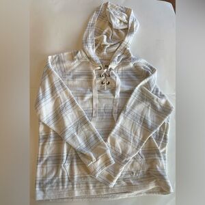Billabong White colored w/ gray stripes sweater/poncho, lace-up front, size Med